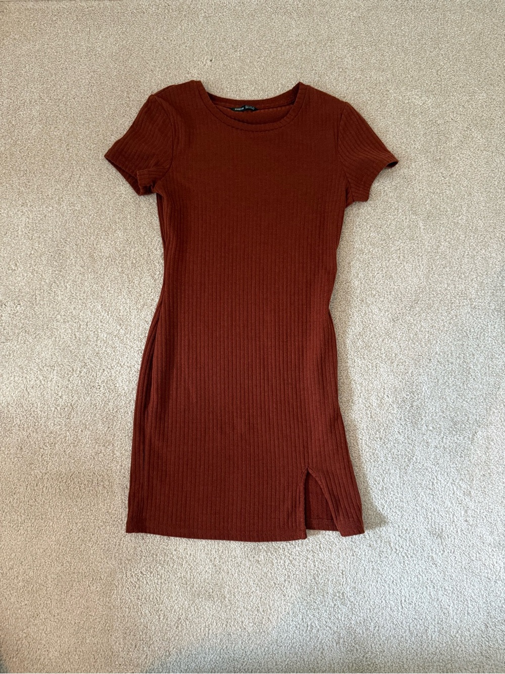 SHEIN Ribbed Short Sleeve Bodycon Dress - Rust Brown